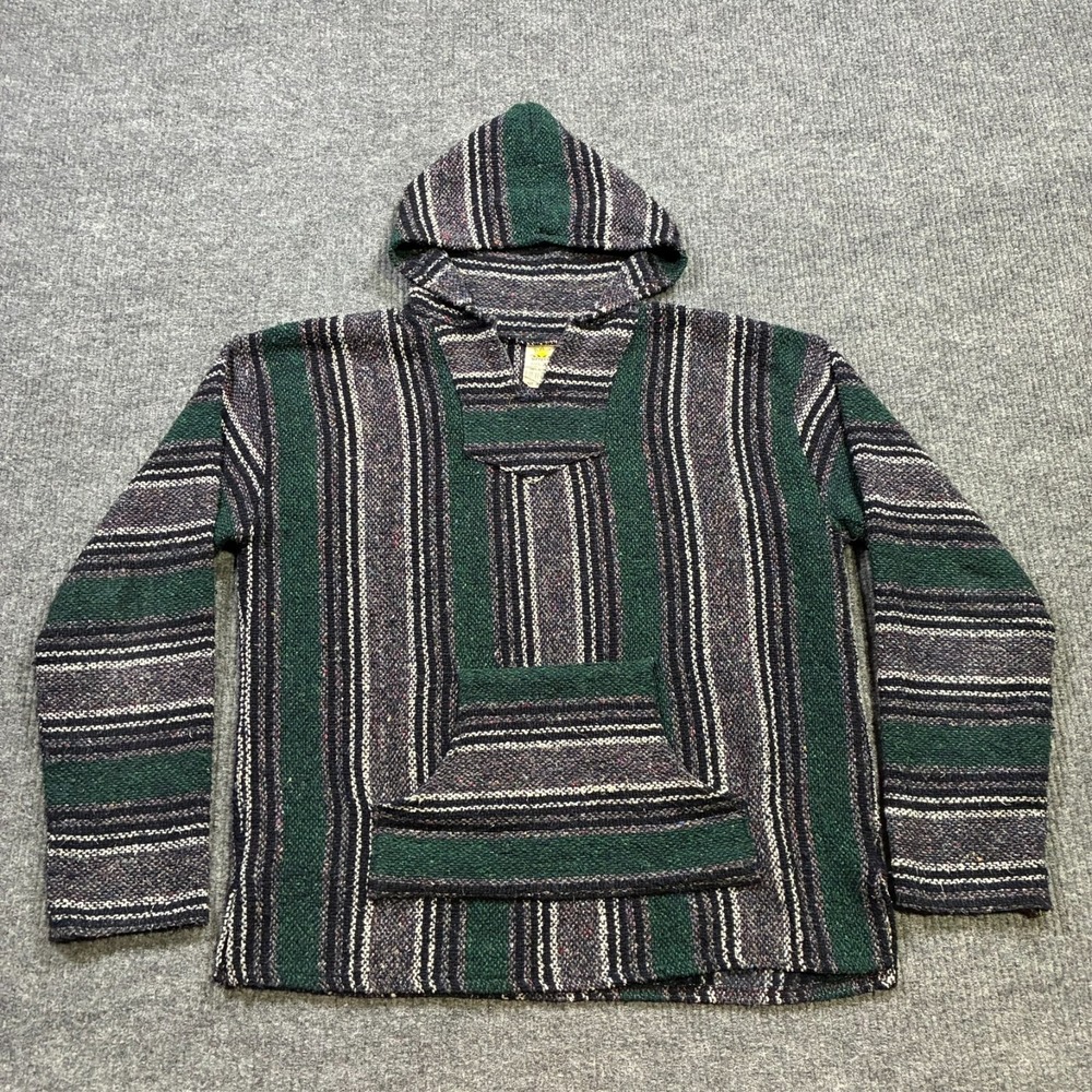 Sunspecs‎ Baja Hoodie Sweater Mens Size XL Green Gray Striped Drug Rug Pullover